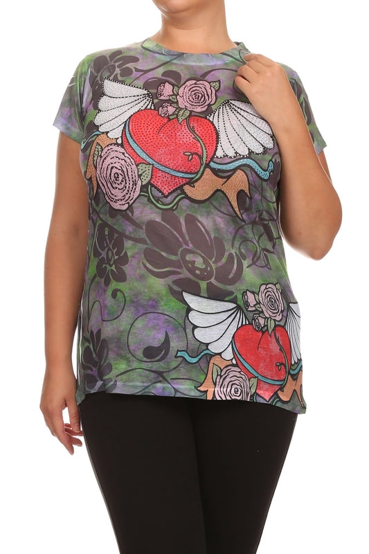 Rhinestone embellished sublimation print top for juniors in thin fabric