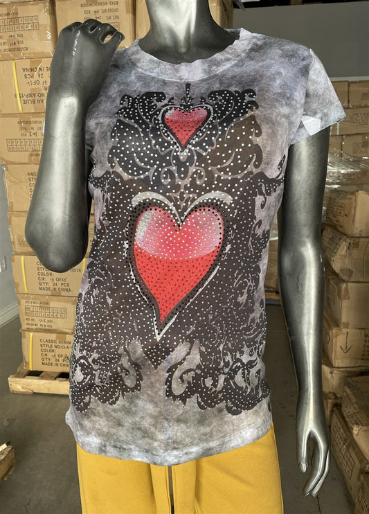 Thin breathable juniors top with rhinestone accents and graphic sublimation print