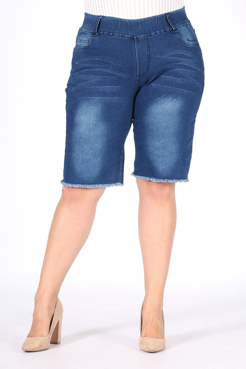 Plus Size Pull-On Distressed Bermuda Shorts for Women with Functional Pockets