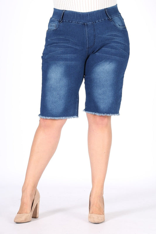 Plus Size Pull-On Distressed Bermuda Shorts for Women with Functional Pockets