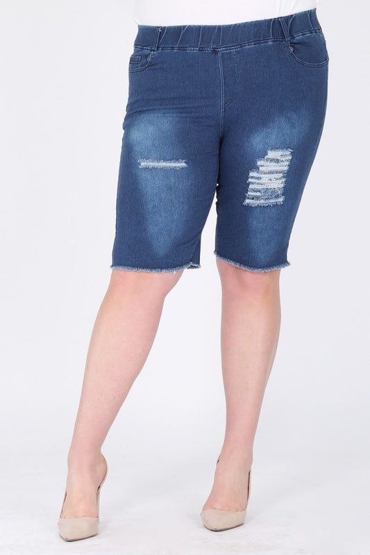 Women’s Plus Size Distressed Bermuda Shorts – Stretch Pull-On Fit & Pockets