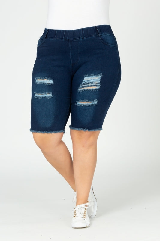 Plus Size Distressed Bermuda Shorts for Women with Stretch Waist & Pockets