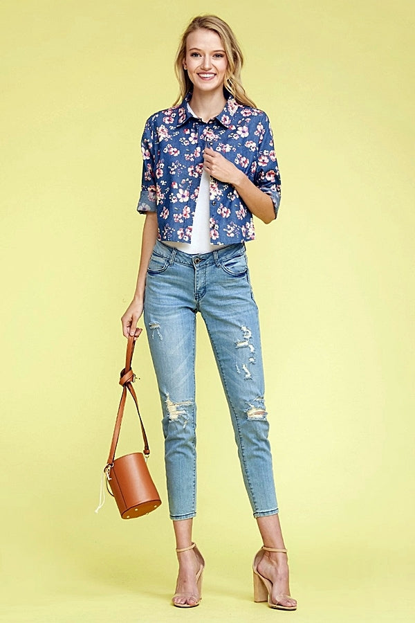 Women's Denim Button Down Floral Crop Top Top DN-165R-DARK NAVY-3
