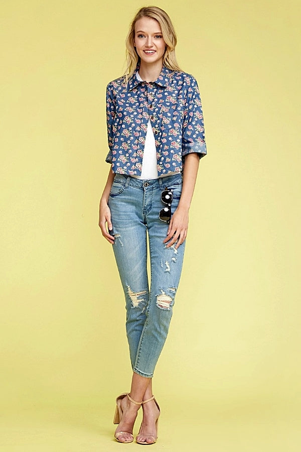 Women's Denim Button Down Floral Crop Top Top DN-165R-NAVY-2