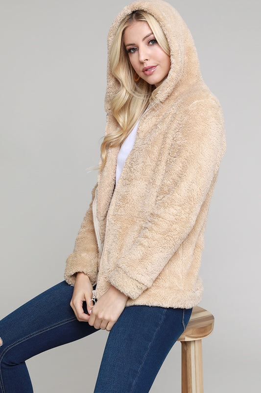 Women's Faux Fur Teddy Bear Zip Up Hoodie Jacket FUR-101-Taupe