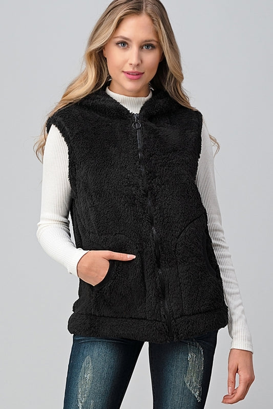 Women's Faux Fur Teddy Bear Zip Up Hoodie vest FUR-104-Black