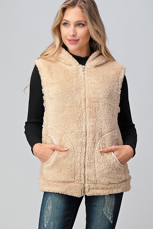 women's Faux Fur Teddy Bear Zip Up Hoodie vest FUR-104-Cream
