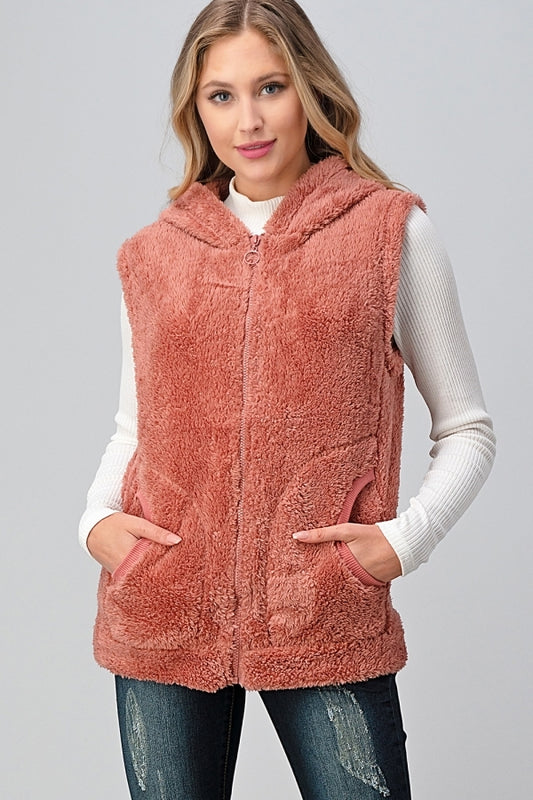 Women's Faux Fur Teddy Bear Zip Up Hoodie vest FUR-104-Mauve