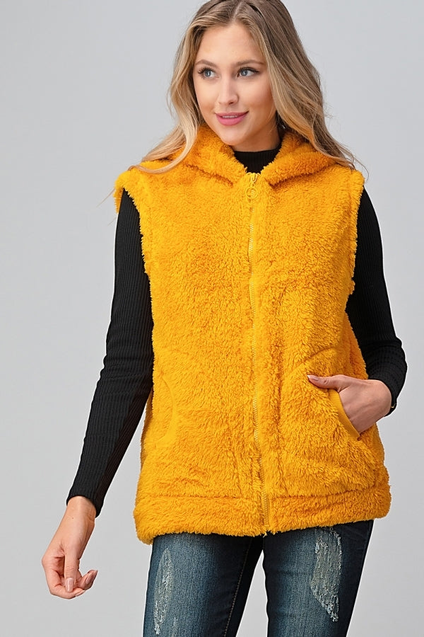 Women's Faux Fur Teddy Bear Zip Up Hoodie vest FUR-104-Mustard