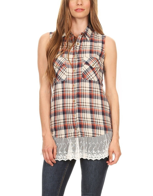 Women's Plaid Front Pocket Laced-Hem Top HT-237-Orange
