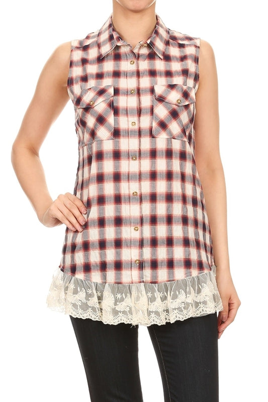 Women's Plaid Front Pocket Laced-Hem Top HT-238-Navy-Red