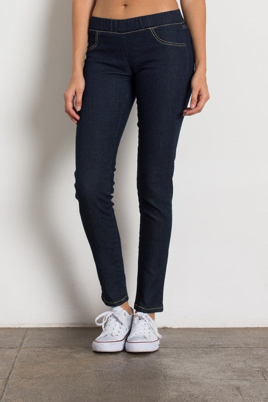 Distressed pull-on jeggings for juniors with mid-rise waist