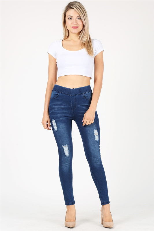 Women's High Waist Distressed Stretch Denim Jeggings JVE1006-MED-BL