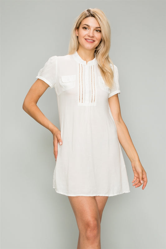 Women's WOVEN Button Up Short Dress-M6378-Off-Wth