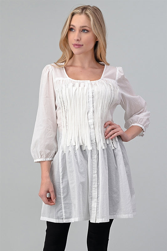 Women's Woven Smocked Button Down Tunic Dress M6736-OFF WHITE