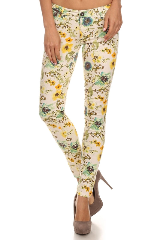 Juniors Floral Print Stretch Pants – Cotton Blend