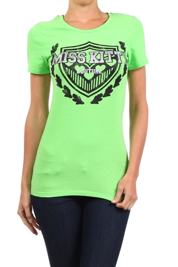 Juniors Fitted Graphic Tee – Miss Kitty Couture Cat Print