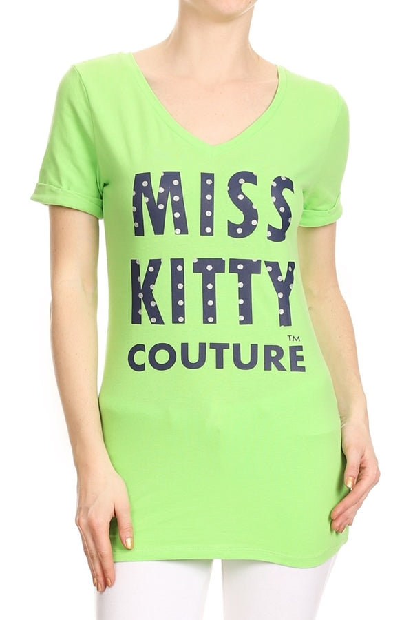 Juniors Fitted Graphic Tee – Miss Kitty Couture Cat Print