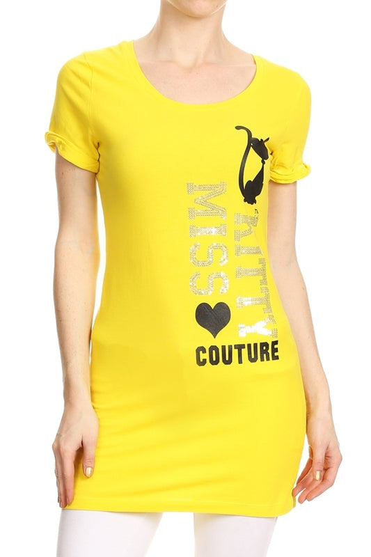 Junior's Yellow Graphic Tunic T-Shirt – “Miss Kitty Couture” Long Fitted Tee