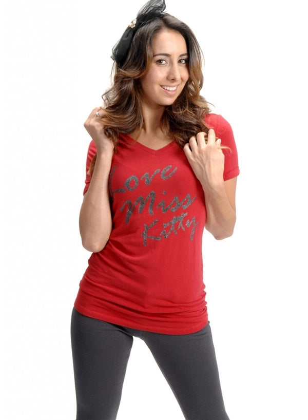 Women's Red Graphic V-Neck T-Shirt – “Love Miss Kitty” Cute Casual Tee