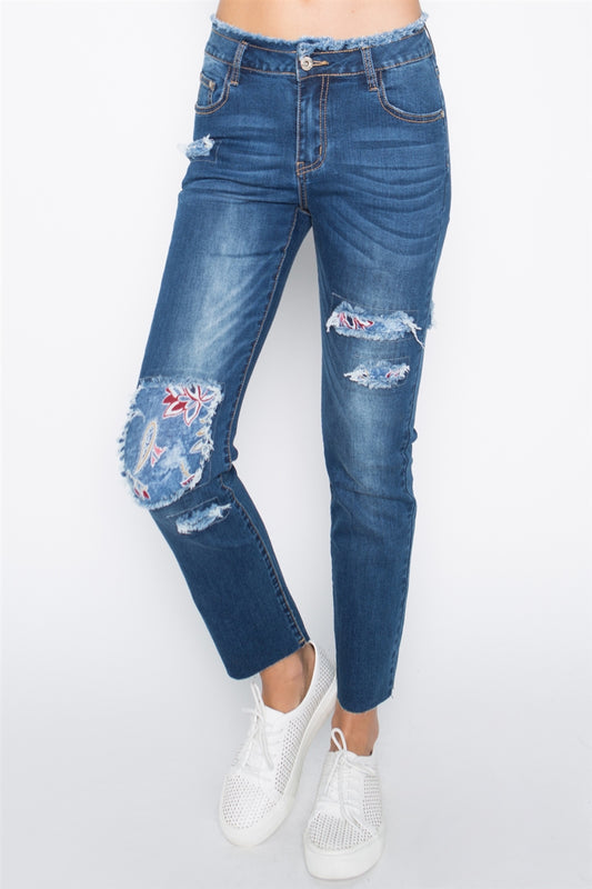 Women's Patchwork  CROPPED distressed denim JEANS P8011