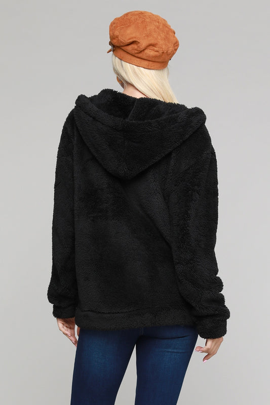 Faux Fur Teddy Bear Zip Up Hoodie Jacket PJJ-003-Black