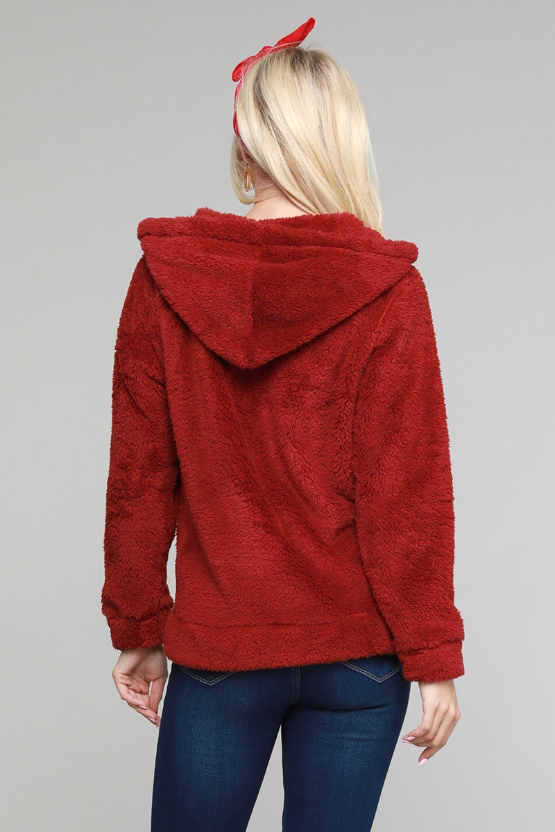 Faux Fur Teddy Bear Zip Up Hoodie Jacket PJJ-003-Burgundy