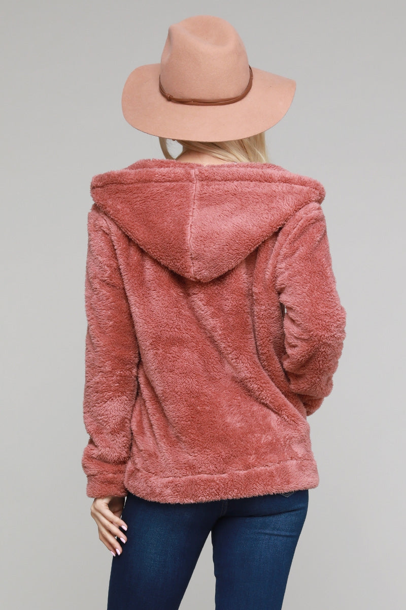 Faux Fur Teddy Bear Zip Up Hoodie Jacket PJJ-003-Mauve