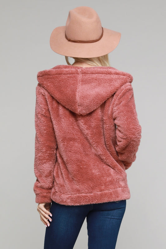 Faux Fur Teddy Bear Zip Up Hoodie Jacket PJJ-003-Mauve