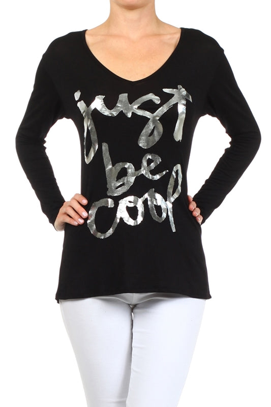 Women's V-neck Screen Printed Top PRR-8264-Black