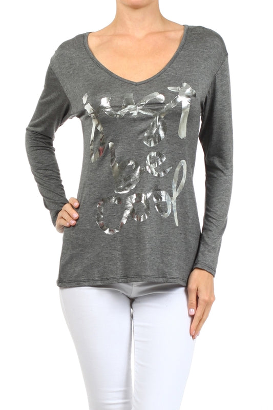 Women's V-neck Screen Printed Top PRR-8264-Charcoal