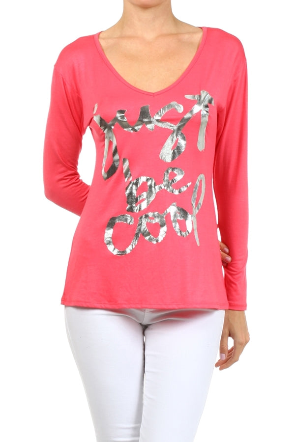 Womens's V-neck Screen Printed Top PRR-8264-Coral