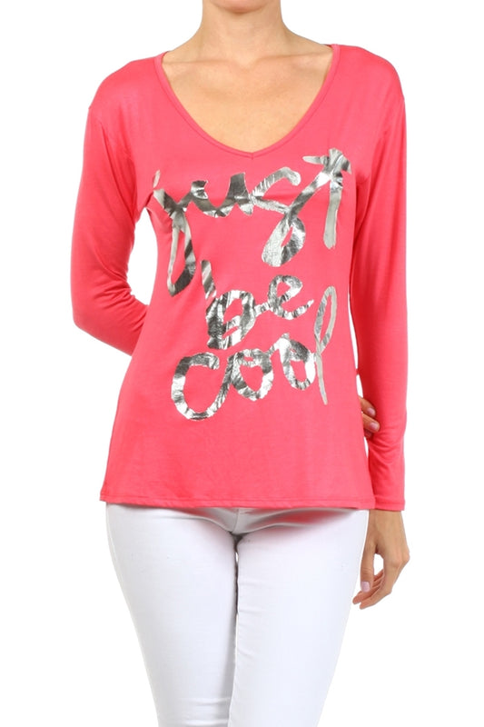 Womens's V-neck Screen Printed Top PRR-8264-Coral