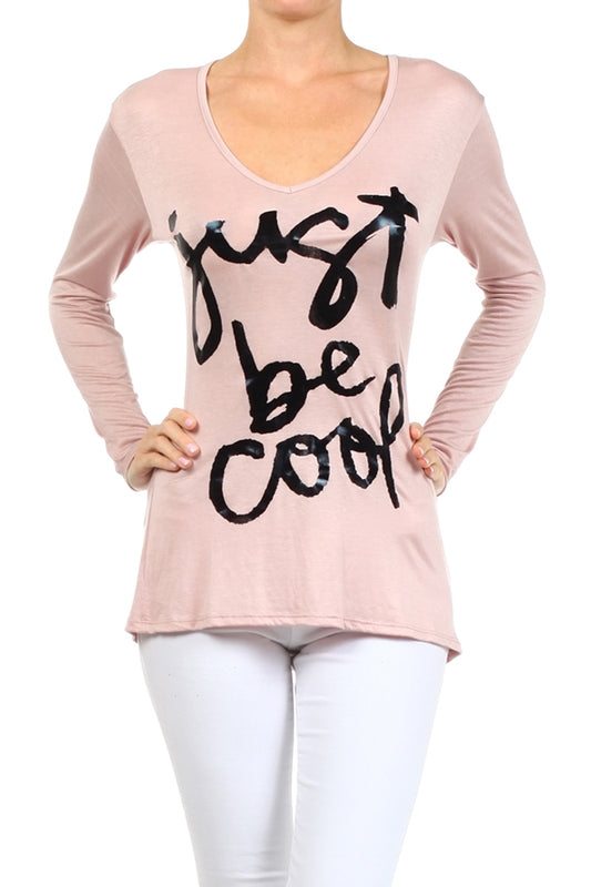 Women's V-neck Screen Printed Top PRR-8264-Pink