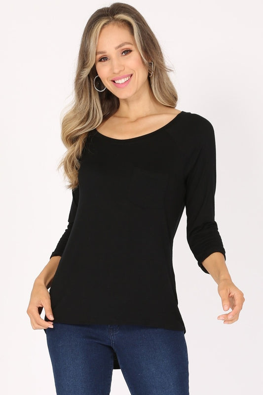 Women's Long-Sleeve Chest Pocket Hi Low Top PRR-8404-Black