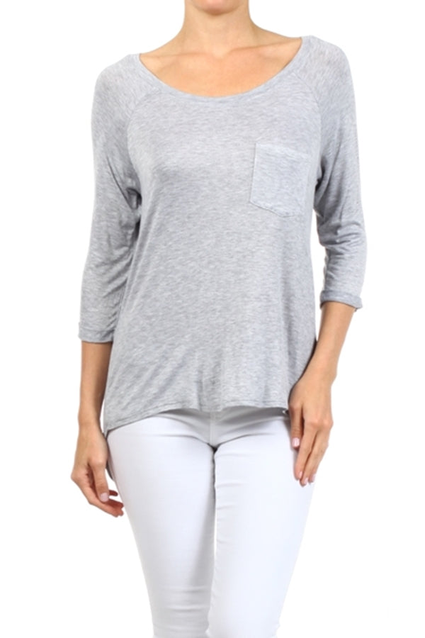 Women's Long Sleeve Chest Pocket Hi Low Top PRR-8404-Grey