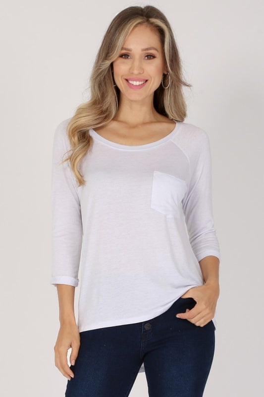 Long Sleeve Chest Pocket Hi Low Top White