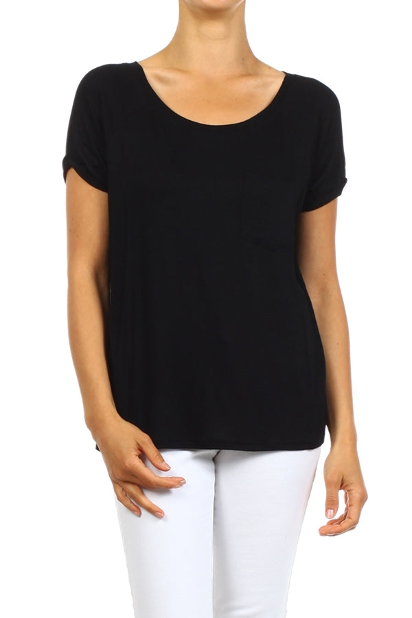 Women Short Sleeve Chest Pocket Hi Low Top Black