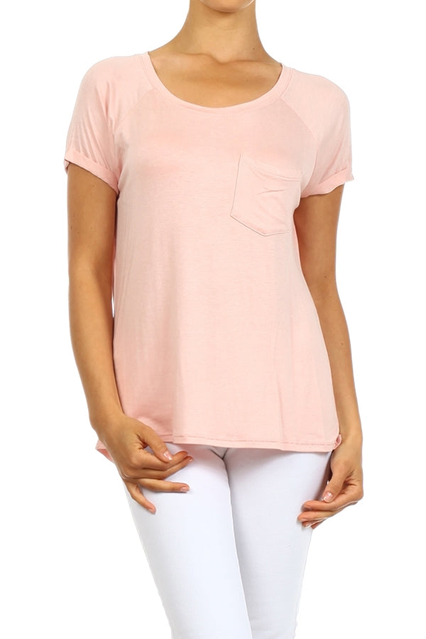 Women Short Sleeve Chest Pocket Hi Low Top Pink