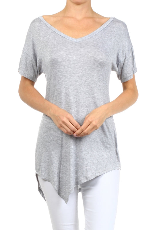 Wholesale V-neck Short Sleeve Asymmetrical Top-PRR-8489-Gray