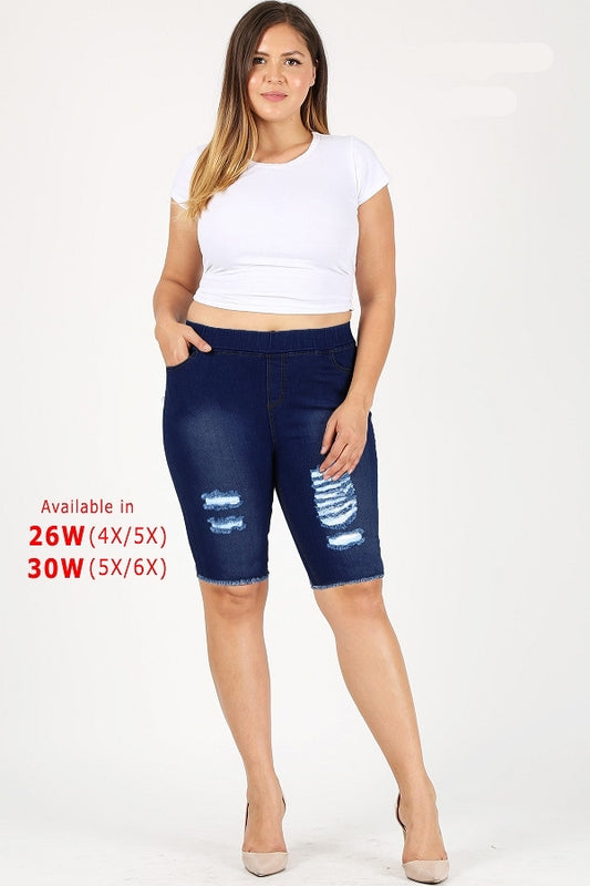 4X to 6X Plus Size Pull-on Super Stretch distressed Bermudas shorts