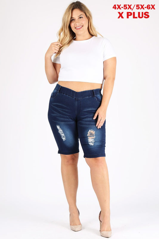 4X to 6X Plus Size Pull-on Super Stretch distressed Bermudas shorts