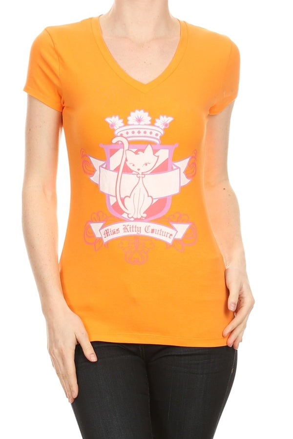 Juniors cotton stretch T-shirt featuring Miss Kitty Couture cat artwork