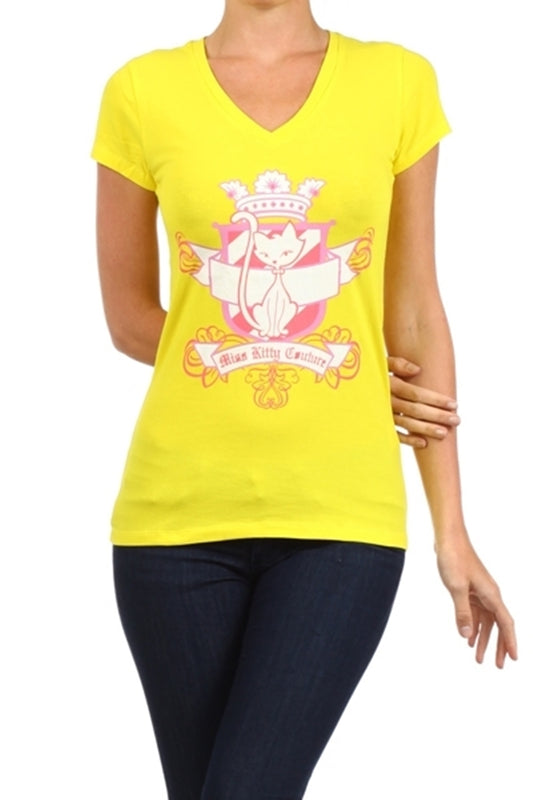 Soft cotton stretch juniors tee with Miss Kitty Couture cat design