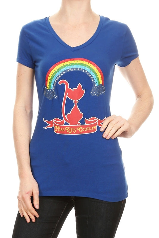 Juniors cotton stretch tee with cute cat illustration – Miss Kitty Couture