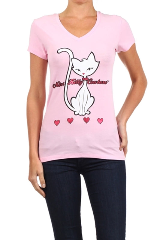 Miss Kitty Couture juniors cotton stretch cat print T-shirt styled casually
