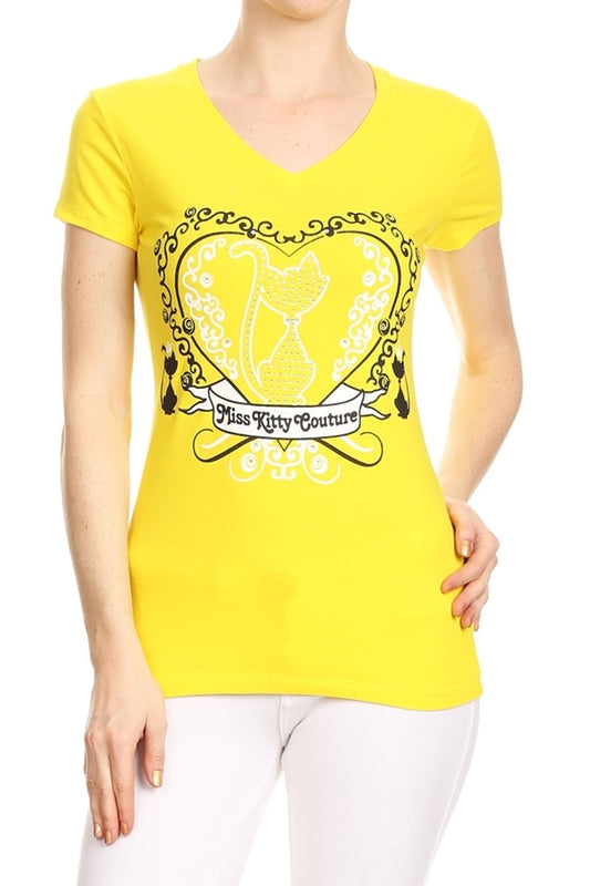 Miss Kitty Couture juniors cotton stretch cat print top front view
