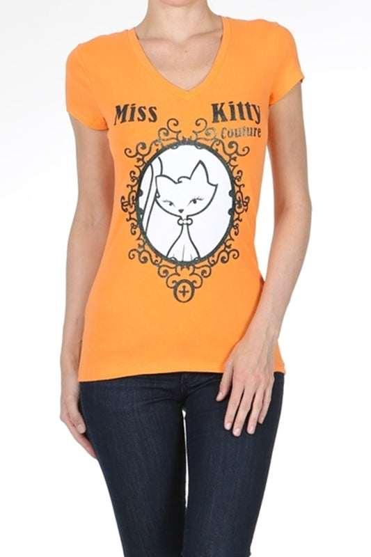 Juniors cotton stretch T-shirt featuring Miss Kitty Couture cat design