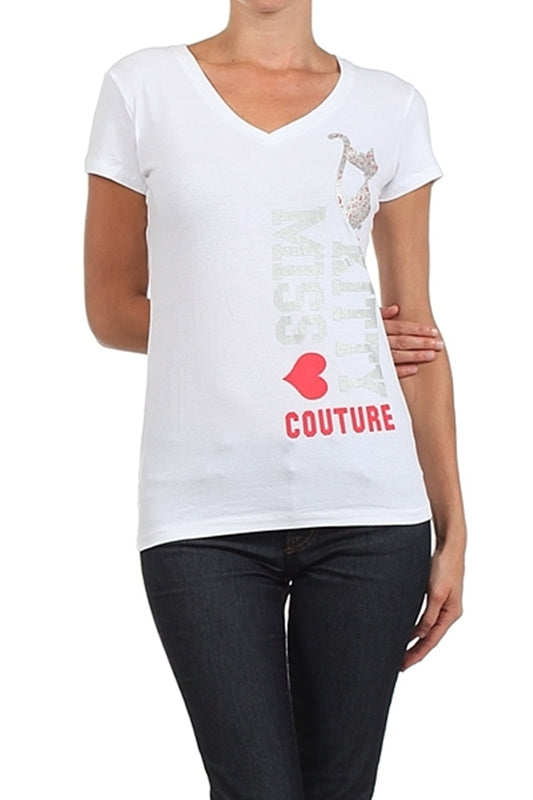 Soft cotton stretch juniors tee with cat illustration