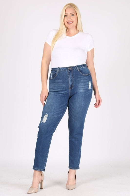 Women's Plus Size Mid-Rise Distressed Jeans – Classic 5 Pocket Style